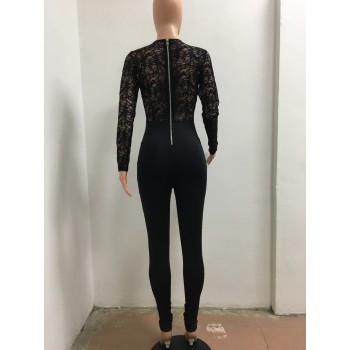 Long Sleeve Black Lace Jumpsuit Women Sexy See Through Mesh Bodycon Long Pants Romper Club Wear Party One Piece Jumpsuit Outfits Black Blue Red